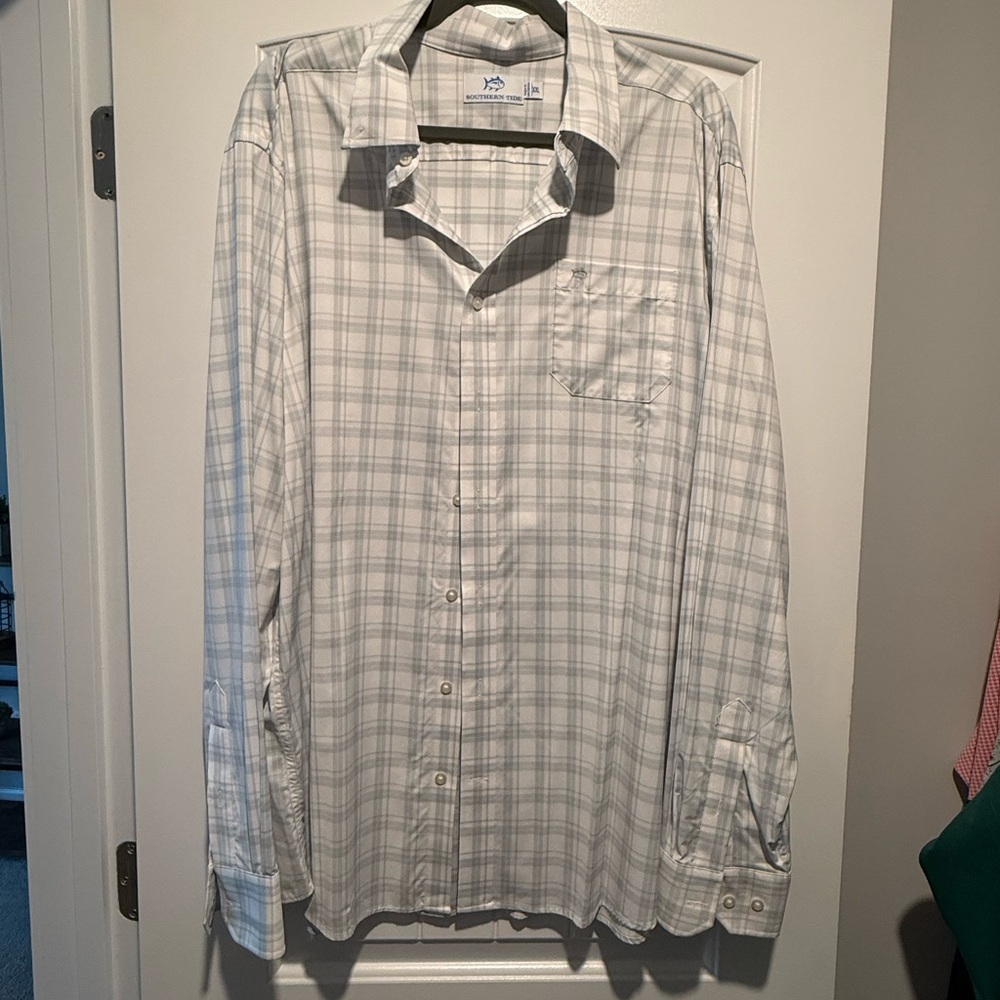 Southern Tide White and Light Gray Plaid Button-Down Shirt